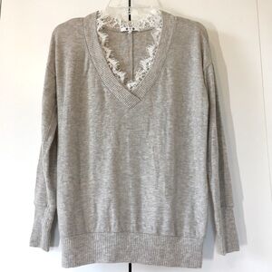 Three Dots USA made Oversized Light Gray Tencel V neck Brushed Pullover Sweater